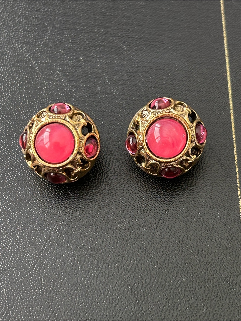 Vintage 1980s Gold-Tone Clip-On Earrings Pink Cabochon Stones Jewelry Accessory